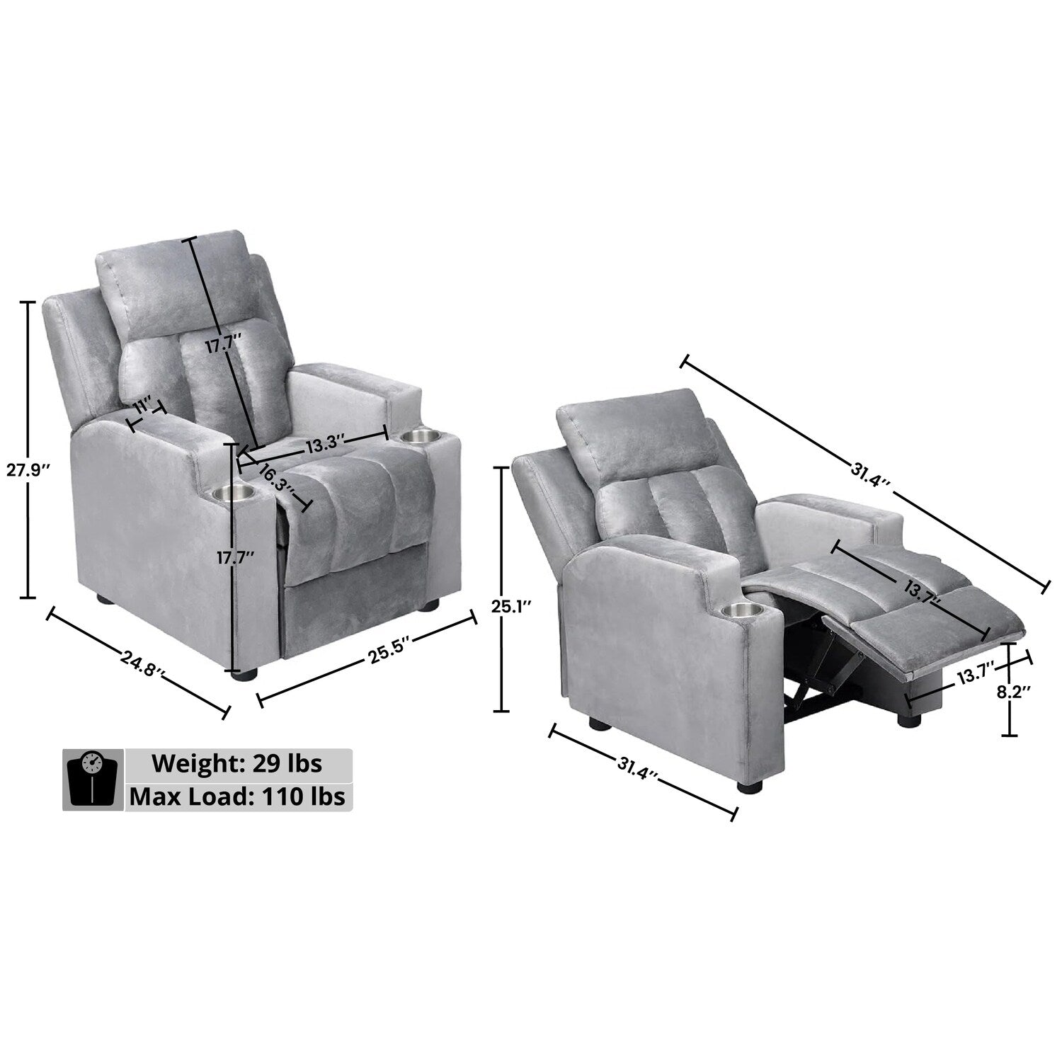 Fauteuil inclinable de luxe pour enfants avec repose-pieds, appui-tête et 2 porte-gobelets Fauteuil inclinable en microfibre pour enfants de 3 ans et plus