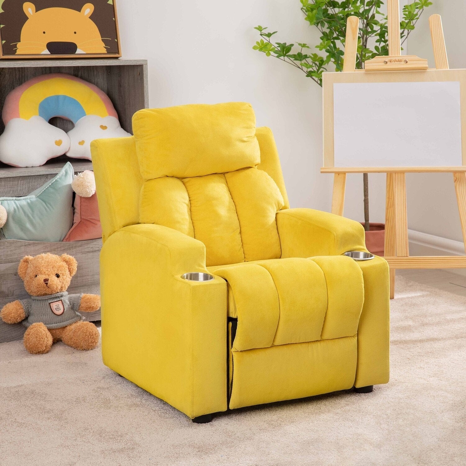 Fauteuil inclinable de luxe pour enfants avec repose-pieds, appui-tête et 2 porte-gobelets Fauteuil inclinable en microfibre pour enfants de 3 ans et plus