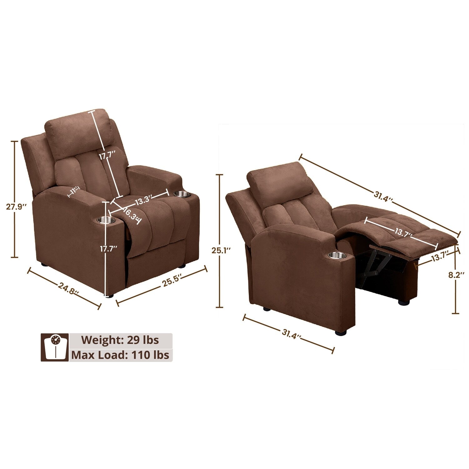 Fauteuil inclinable de luxe pour enfants avec repose-pieds, appui-tête et 2 porte-gobelets Fauteuil inclinable en microfibre pour enfants de 3 ans et plus