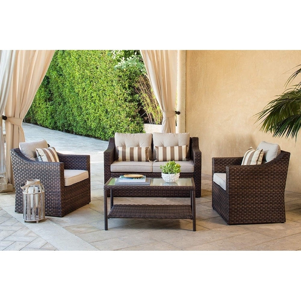 Ensemble de 4 ou 5 chaises longues en osier pour patio extérieur avec table basse et coussins
