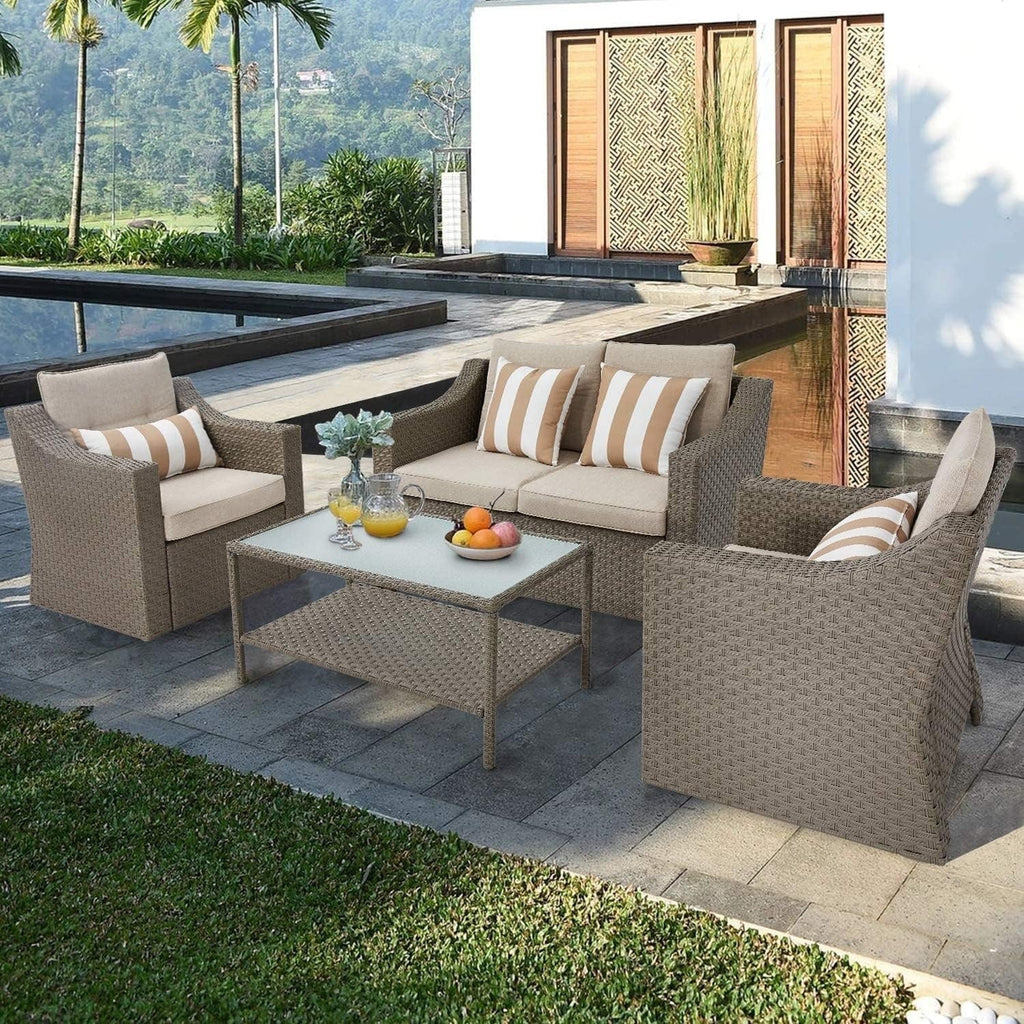 Ensemble de 4 ou 5 chaises longues en osier pour patio extérieur avec table basse et coussins