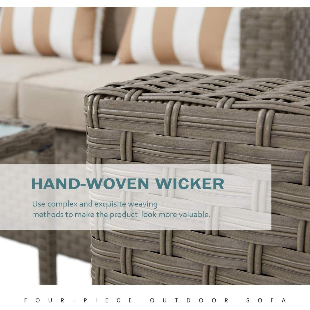 Ensemble de 4 ou 5 chaises longues en osier pour patio extérieur avec table basse et coussins