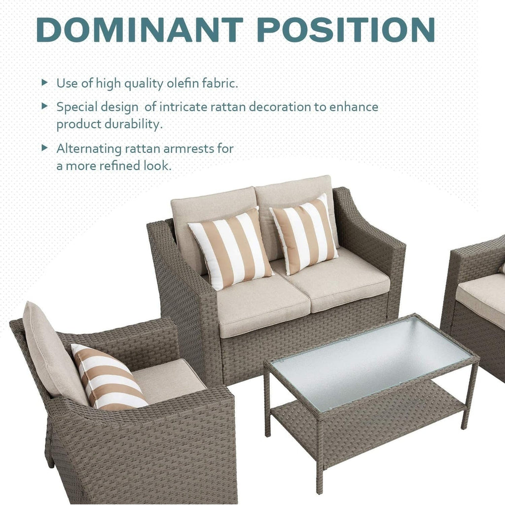 Ensemble de 4 ou 5 chaises longues en osier pour patio extérieur avec table basse et coussins