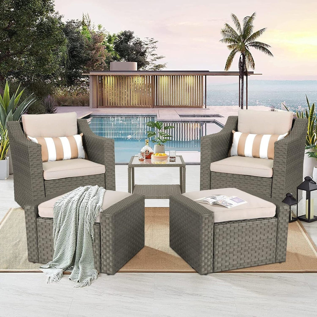 Ensemble de 5 chaises longues et poufs d'extérieur en osier pour patio