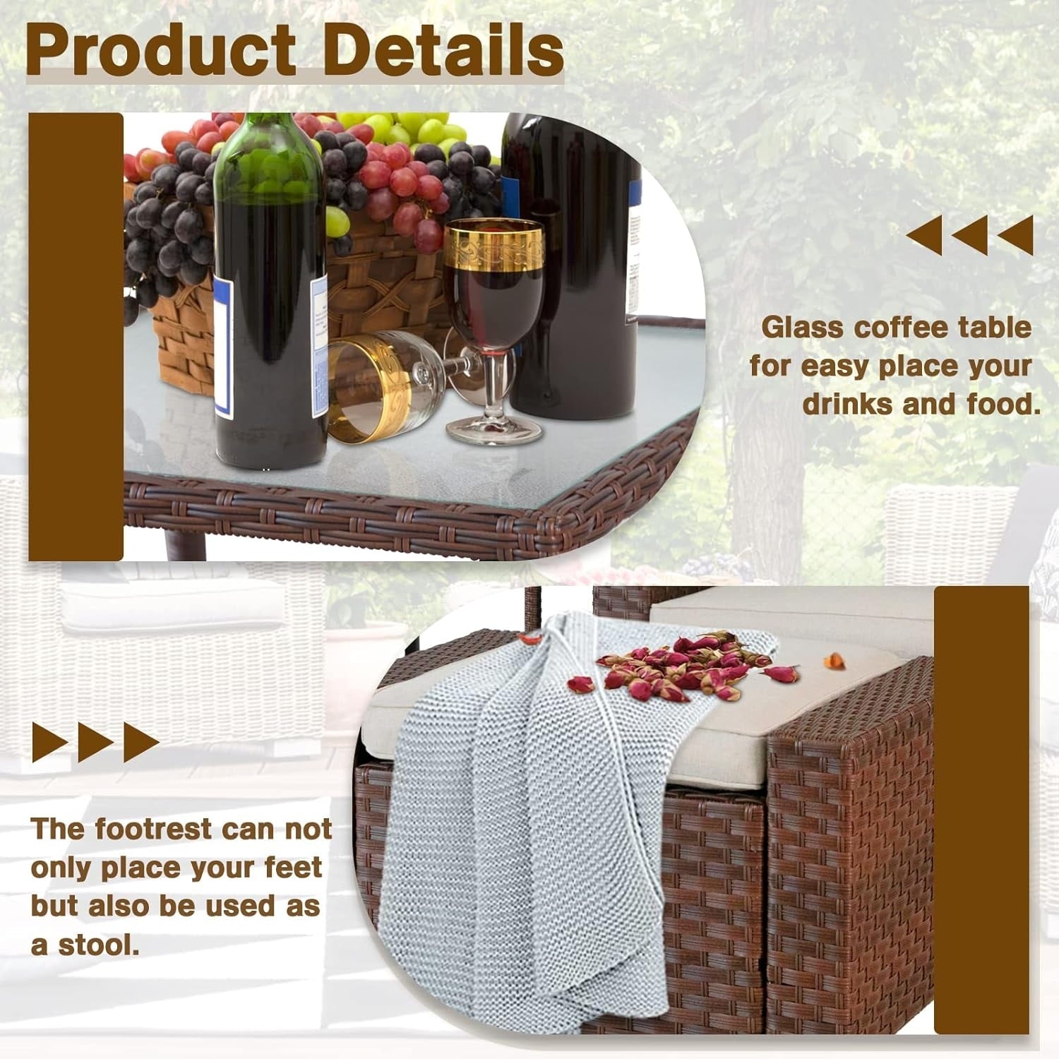 Ensemble de 5 chaises longues et poufs d'extérieur en osier pour patio