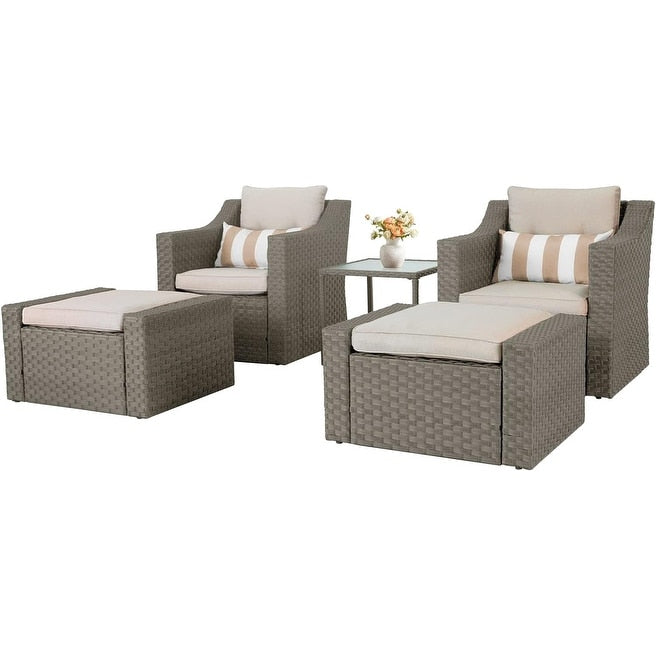 Ensemble de 5 chaises longues et poufs d'extérieur en osier pour patio