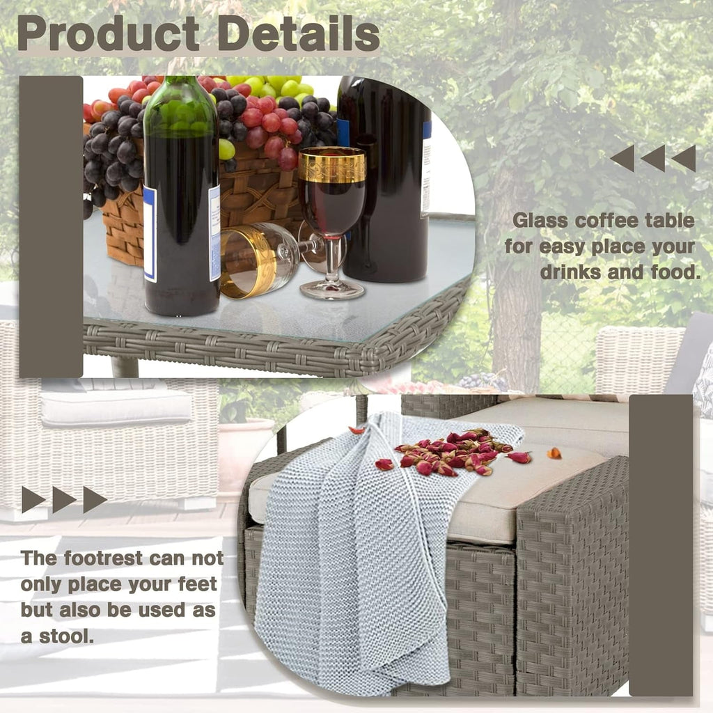 Ensemble de 5 chaises longues et poufs d'extérieur en osier pour patio