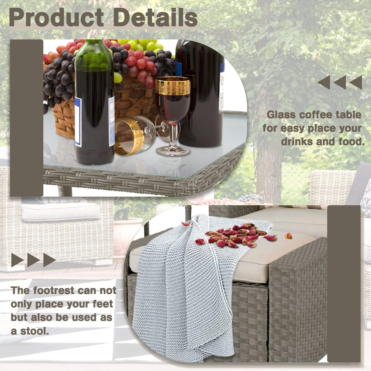 Ensemble de 5 chaises longues et poufs d'extérieur en osier pour patio