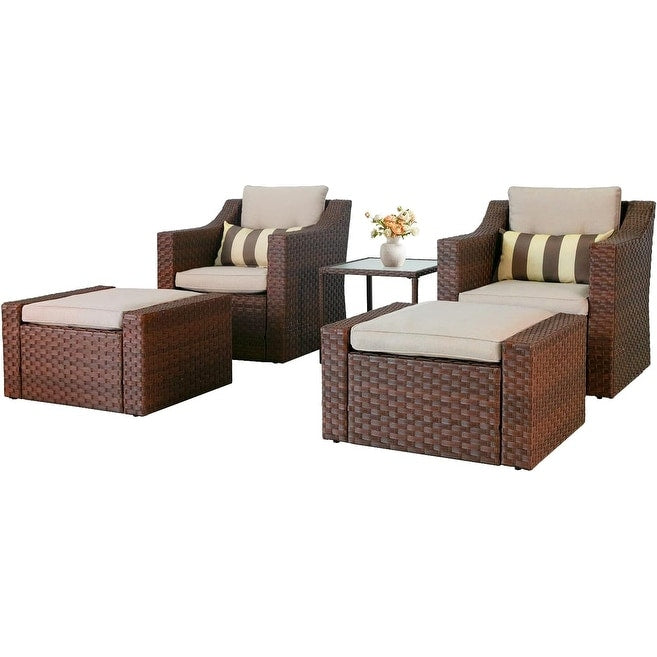 Ensemble de 5 chaises longues et poufs d'extérieur en osier pour patio