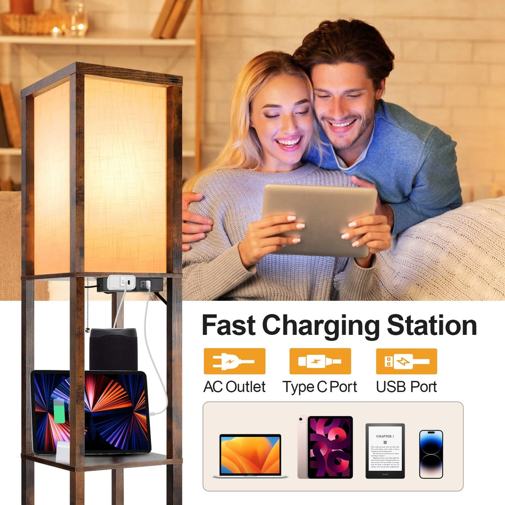 Lampadaire 63 avec étagères - Luminaire de salon avec étagères de rangement en bois