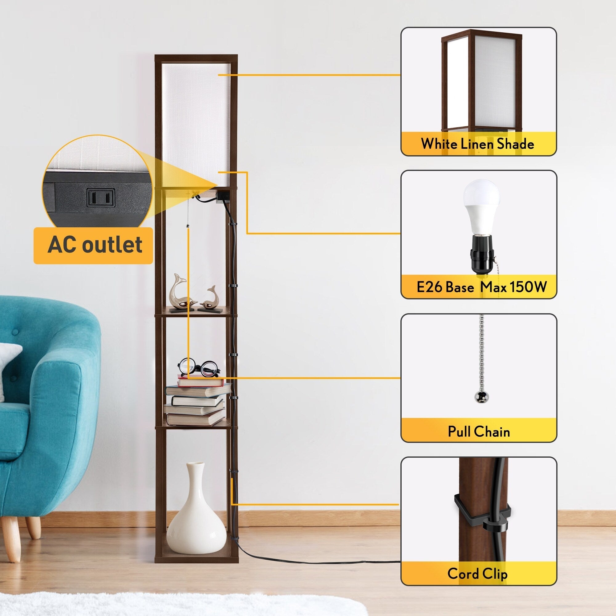 Lampadaire 63 avec étagères - Luminaire de salon avec étagères de rangement en bois