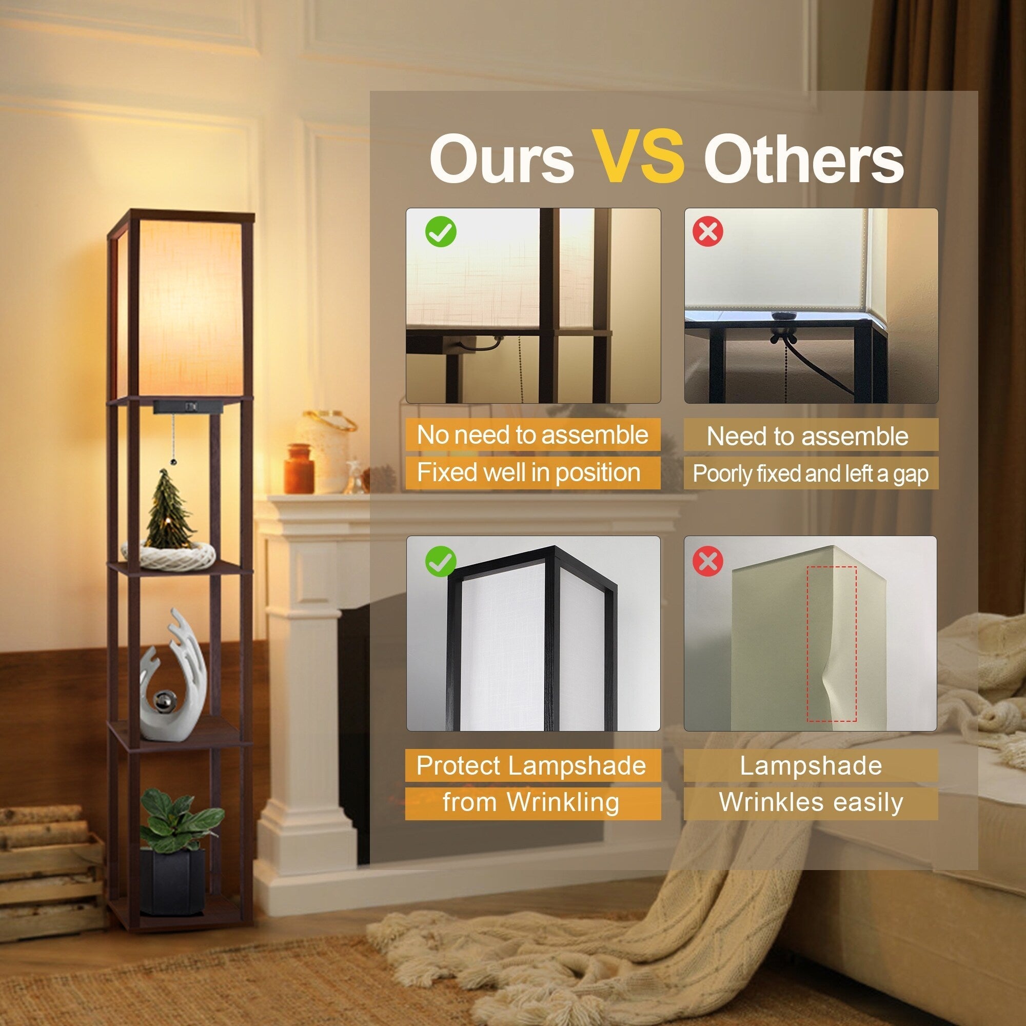 Lampadaire 63 avec étagères - Luminaire de salon avec étagères de rangement en bois