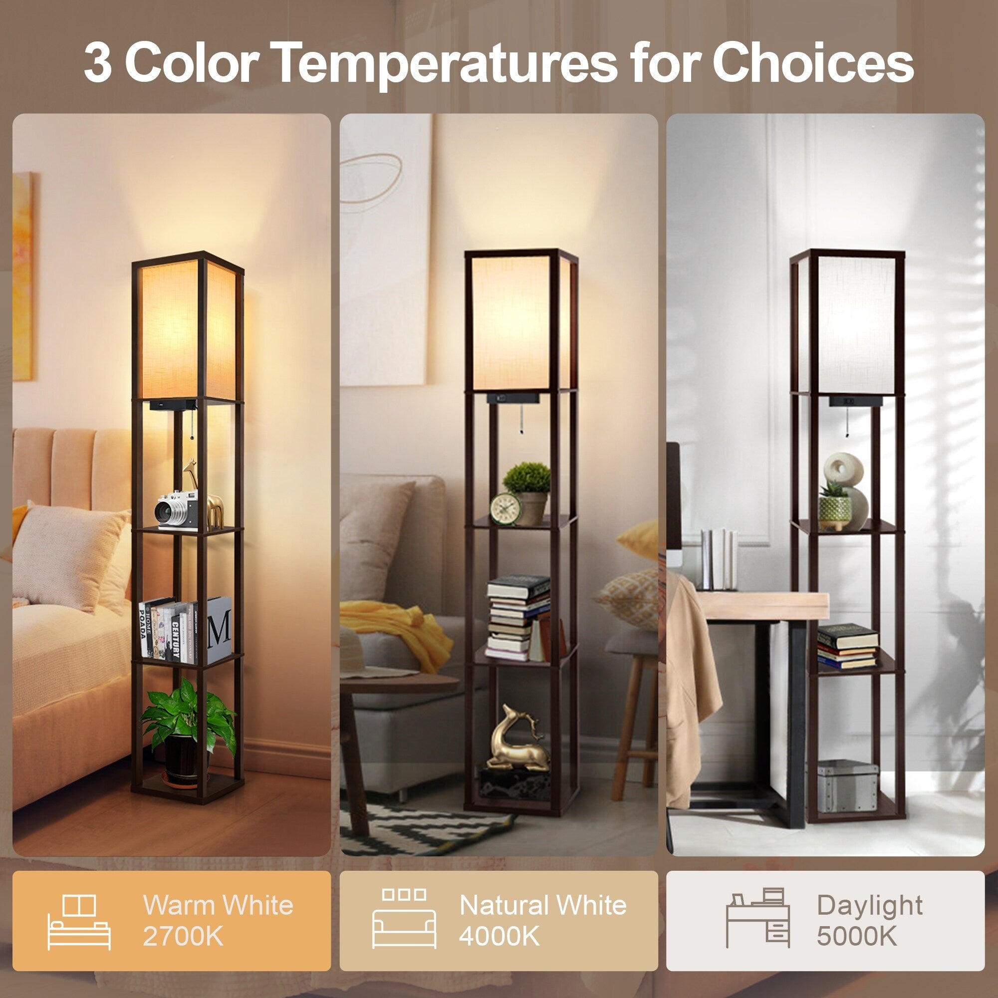 Lampadaire 63 avec étagères - Luminaire de salon avec étagères de rangement en bois