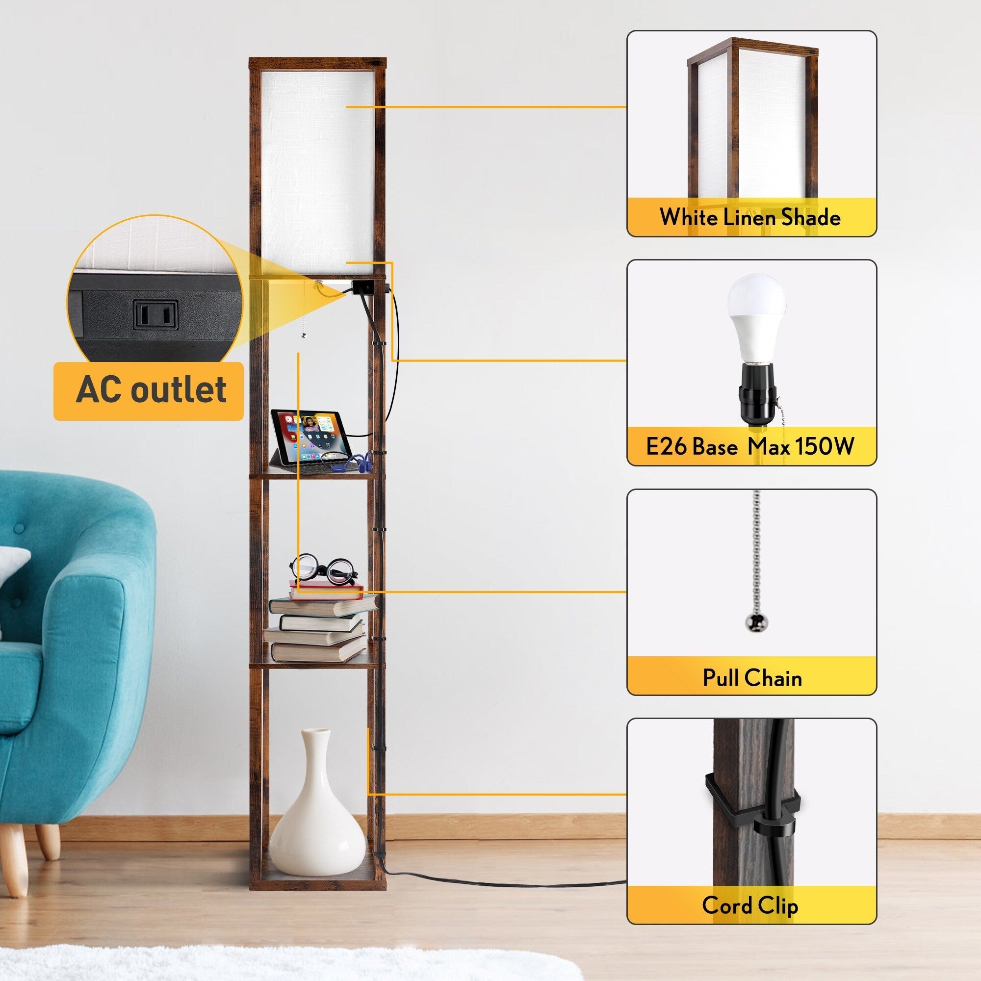 Lampadaire 63 avec étagères - Luminaire de salon avec étagères de rangement en bois