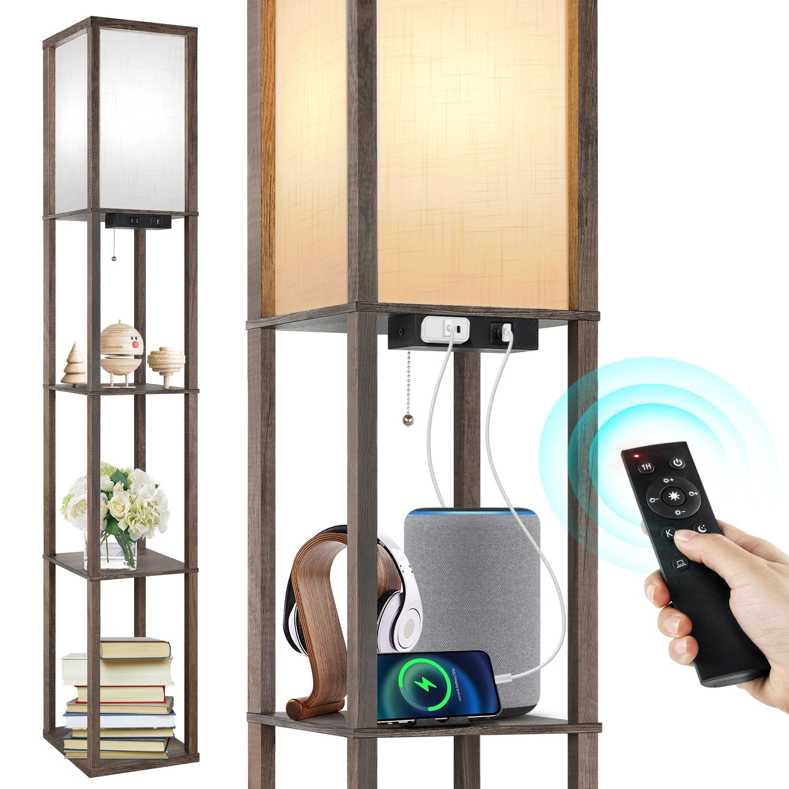 Lampadaire 63 avec étagères - Luminaire de salon avec étagères de rangement en bois