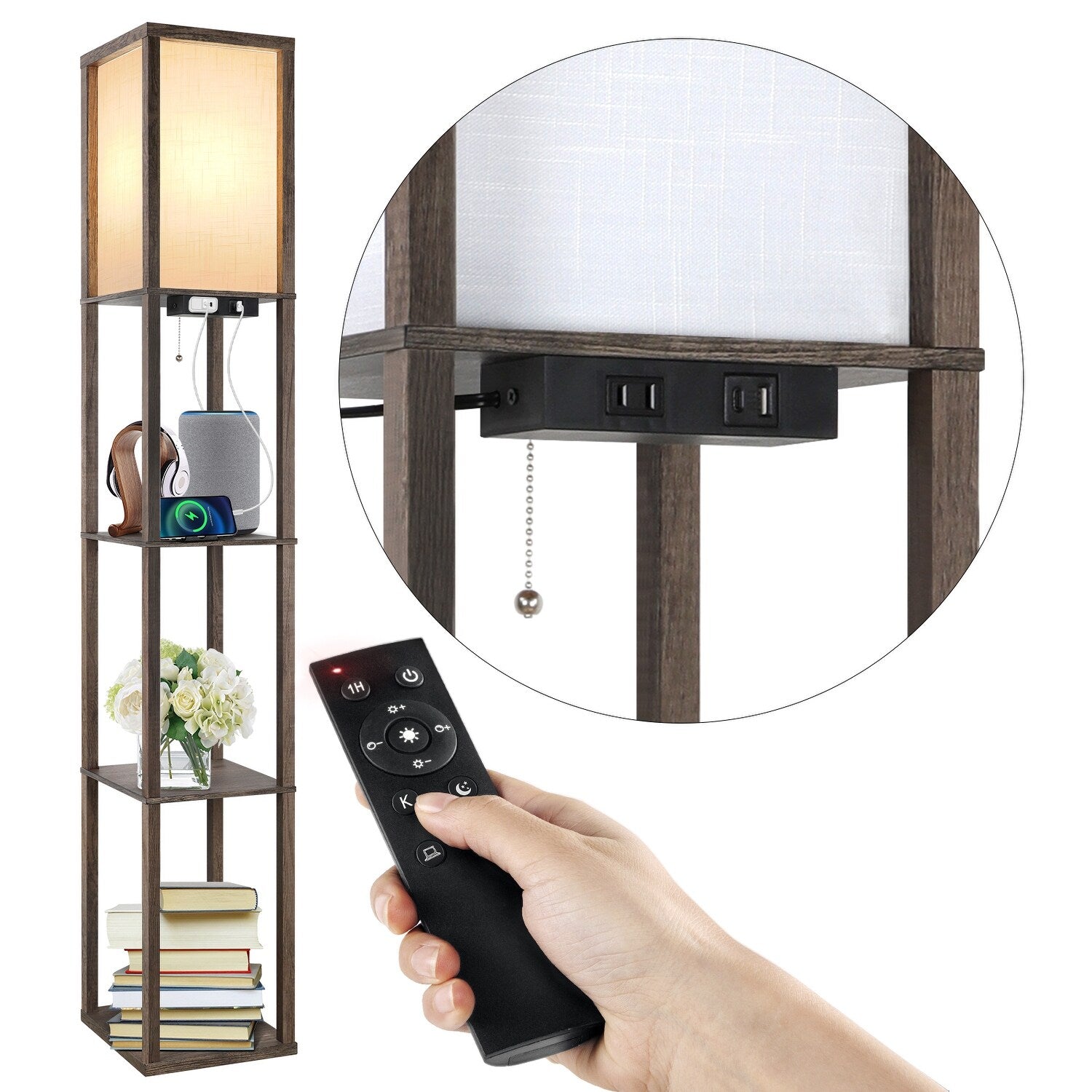 Lampadaire 63 avec étagères - Luminaire de salon avec étagères de rangement en bois