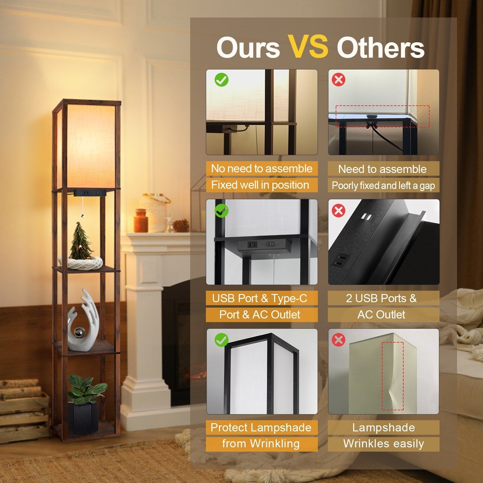 Lampadaire 63 avec étagères - Luminaire de salon avec étagères de rangement en bois