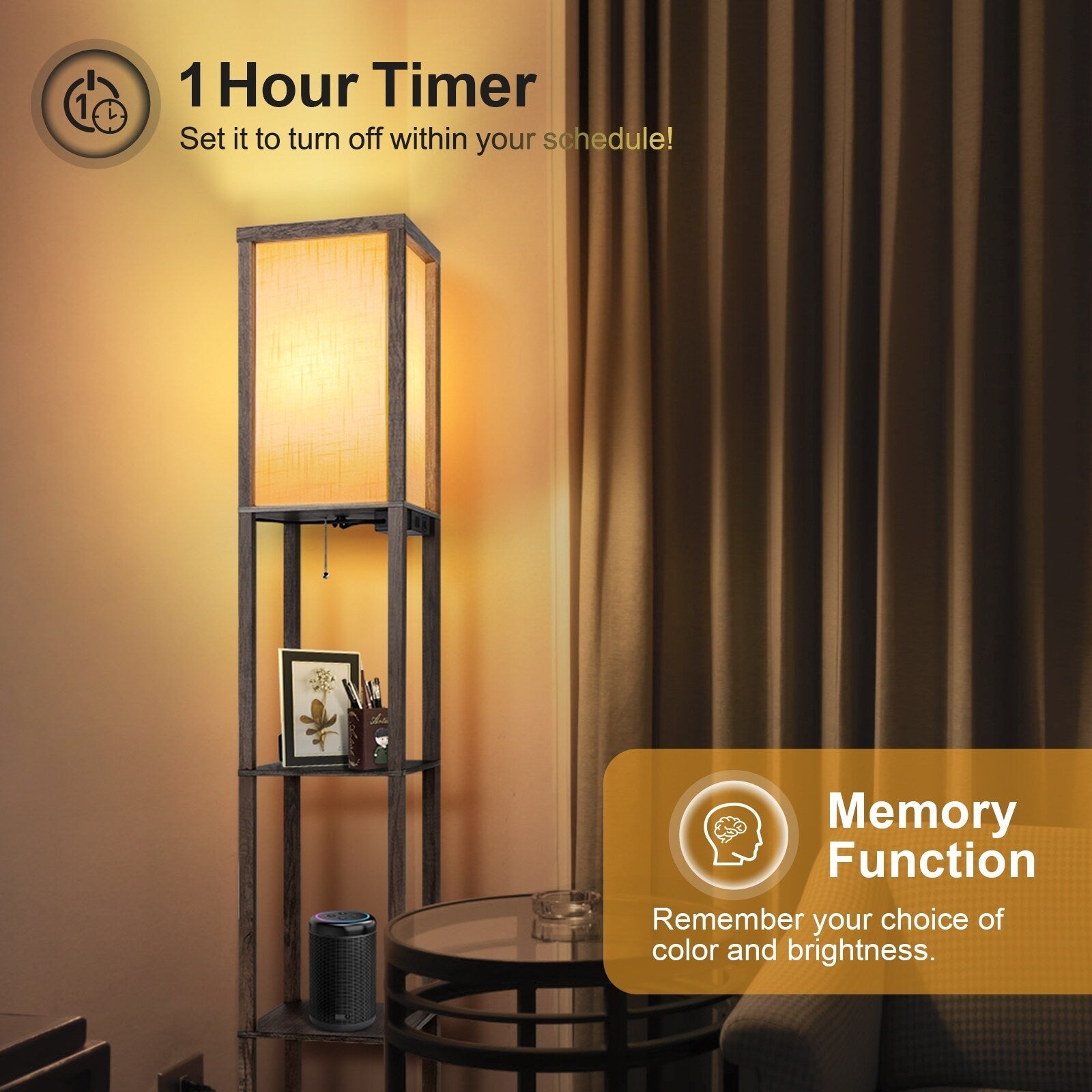 Lampadaire 63 avec étagères - Luminaire de salon avec étagères de rangement en bois