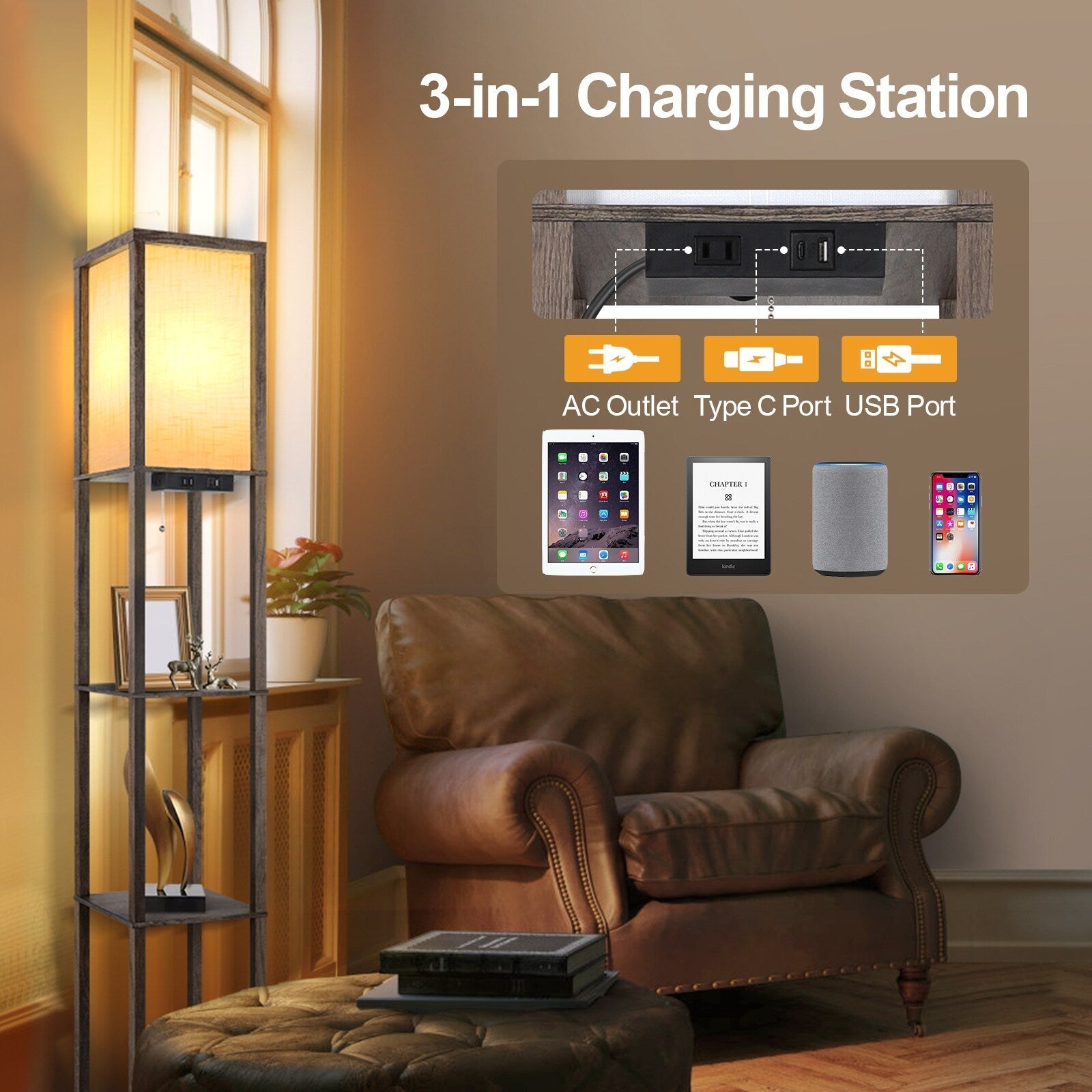 Lampadaire 63 avec étagères - Luminaire de salon avec étagères de rangement en bois