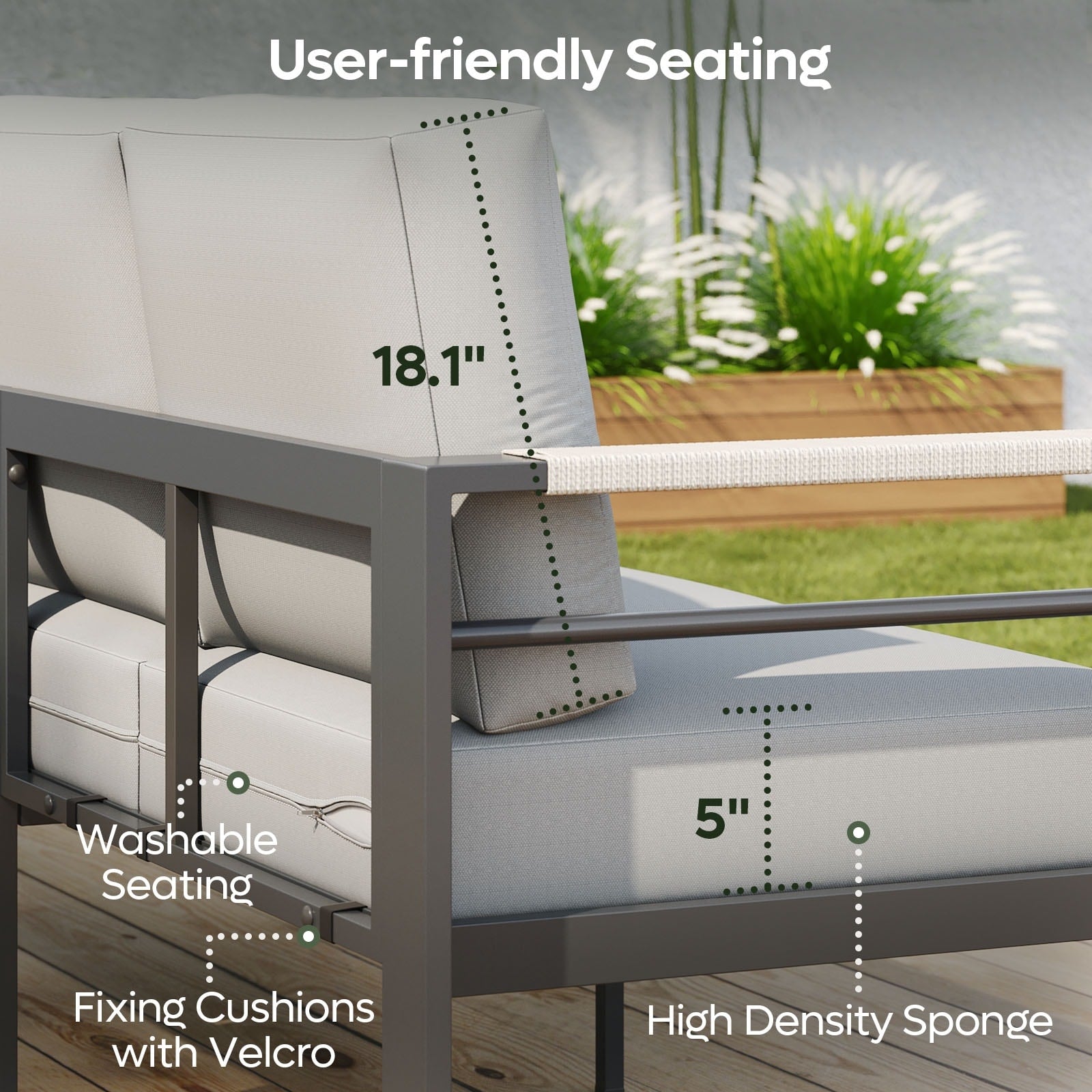 Ensemble de salon de jardin en aluminium 4 pièces, 5 places, avec coussins, table basse à LED et canapé
