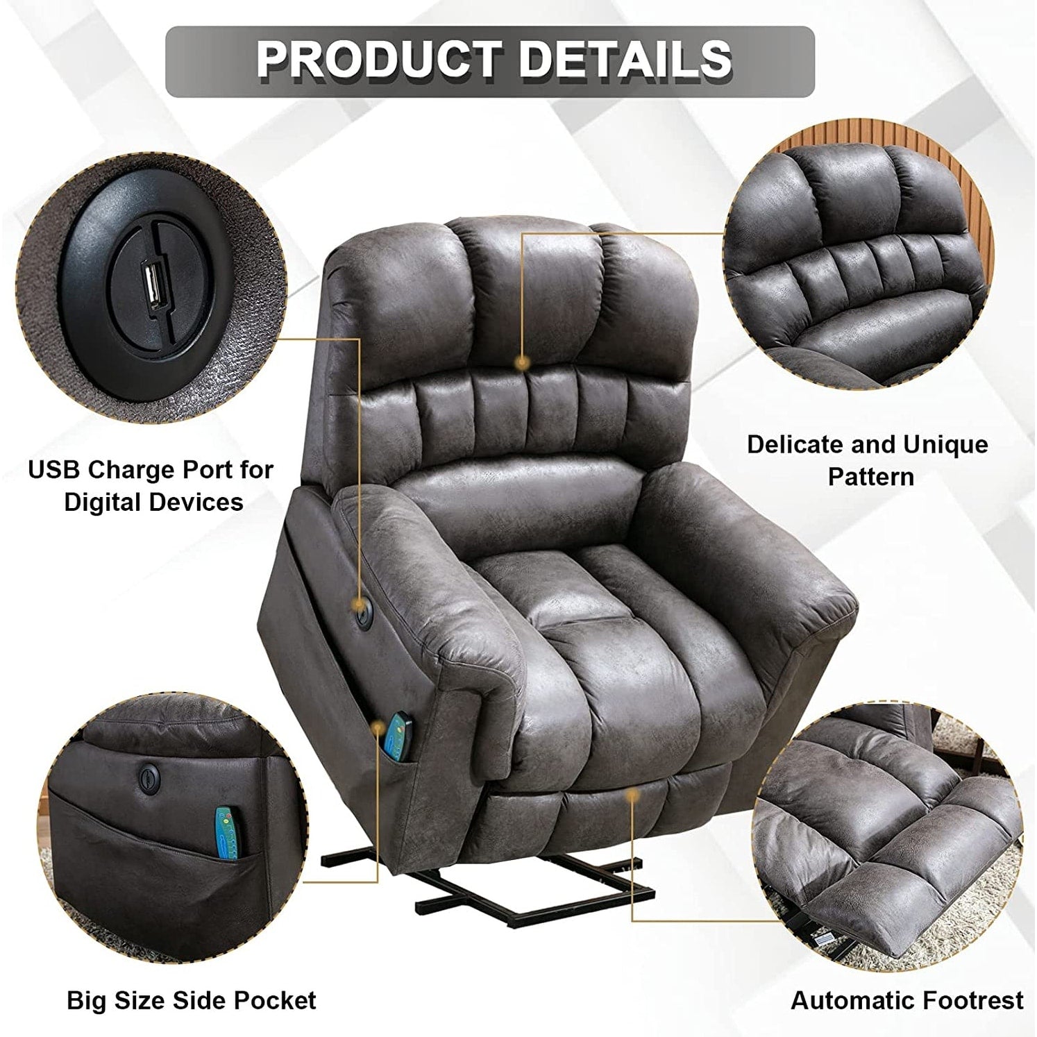 Fauteuil inclinable électrique surdimensionné de 42 po de large avec massage et chauffage