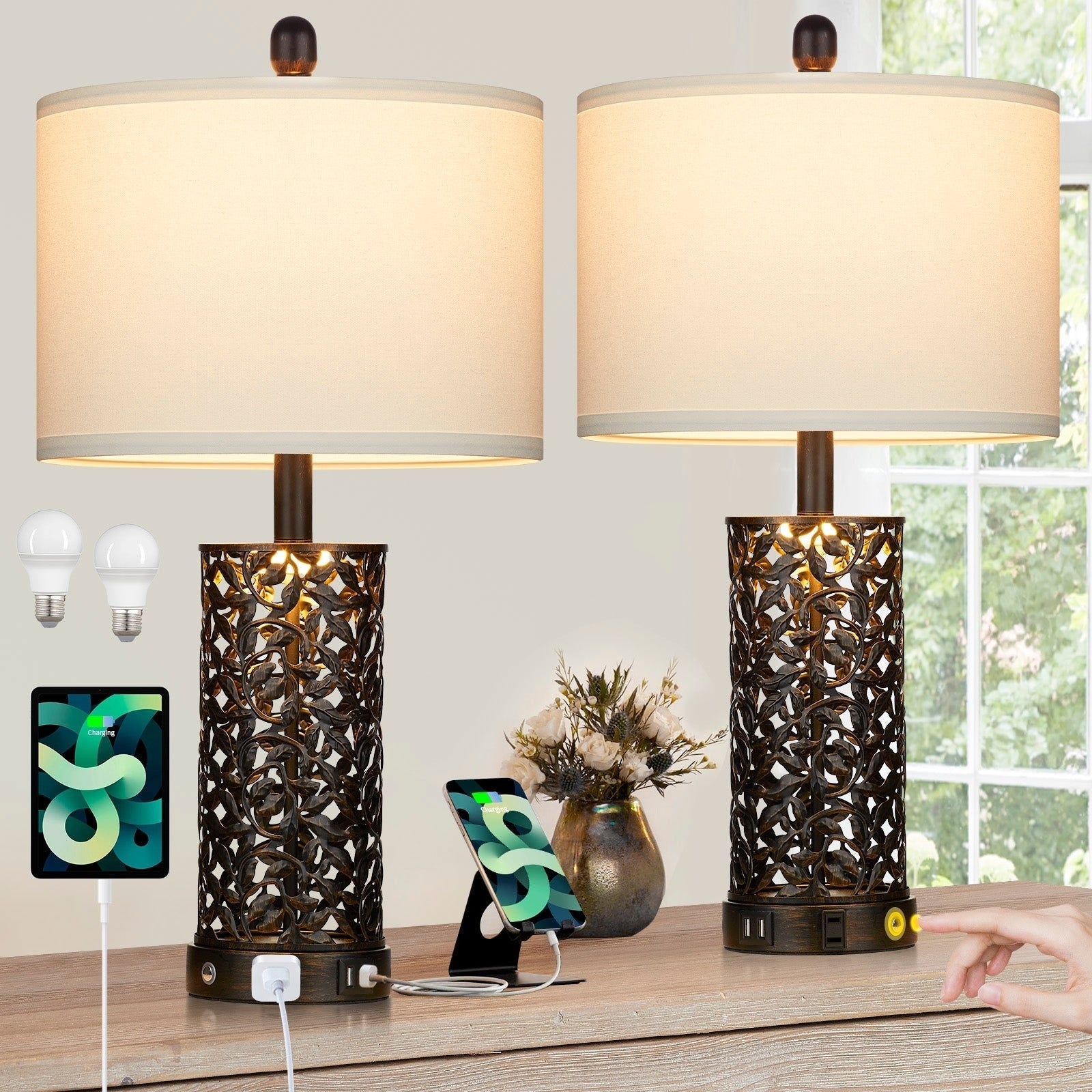 Lampes de table noires et dorées en métal, veilleuse 2 en 1, ports USB, prise secteur, interrupteur tactile (lot de 2)