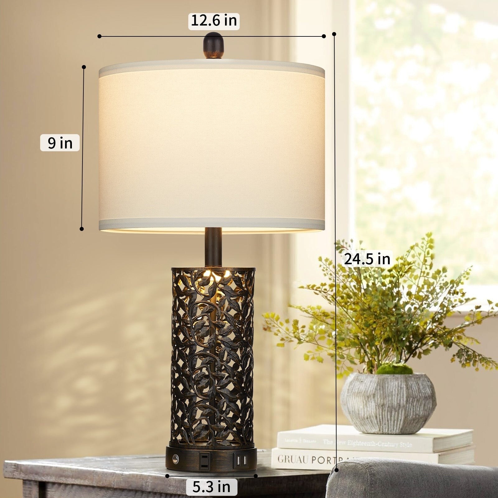 Lampes de table noires et dorées en métal, veilleuse 2 en 1, ports USB, prise secteur, interrupteur tactile (lot de 2)