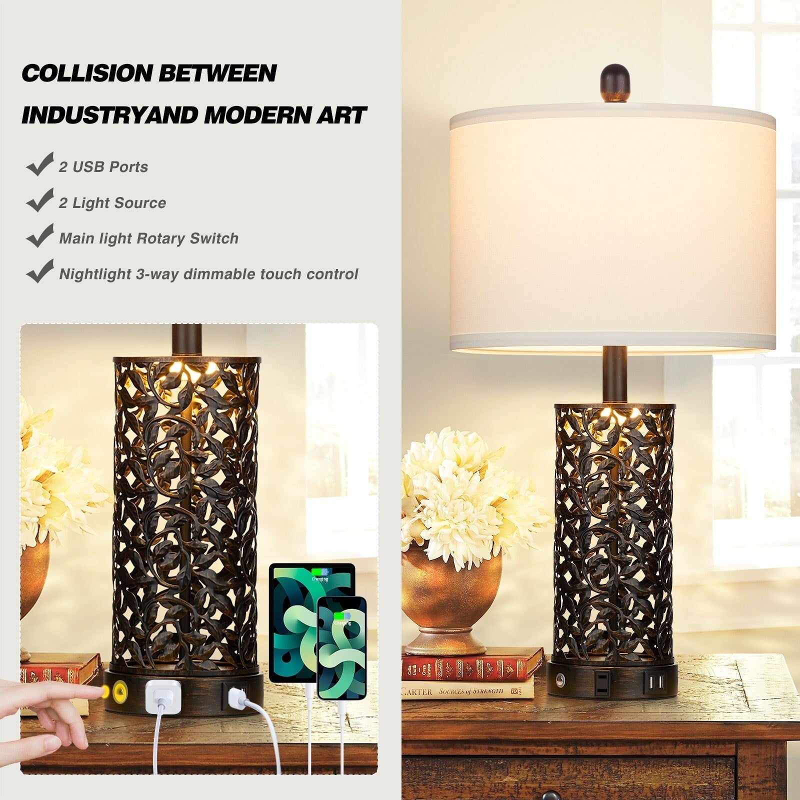 Lampes de table noires et dorées en métal, veilleuse 2 en 1, ports USB, prise secteur, interrupteur tactile (lot de 2)