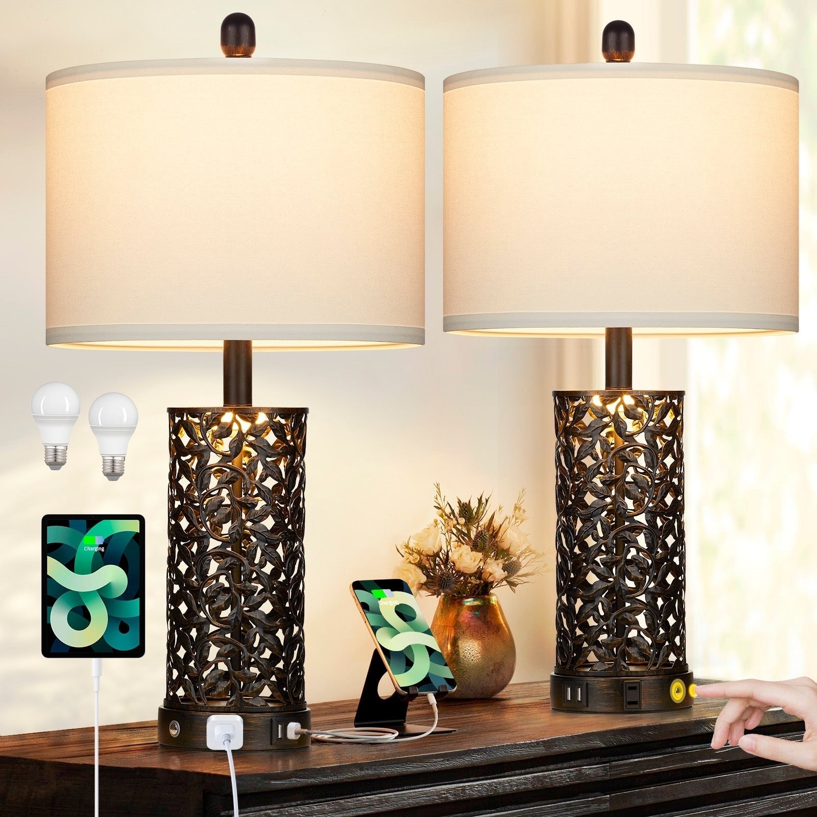 Lampes de table noires et dorées en métal, veilleuse 2 en 1, ports USB, prise secteur, interrupteur tactile (lot de 2)