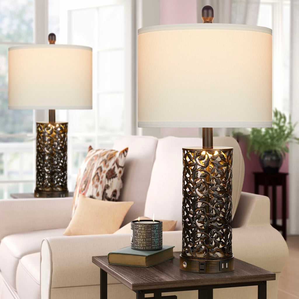 Lampes de table noires et dorées en métal, veilleuse 2 en 1, ports USB, prise secteur, interrupteur tactile (lot de 2)