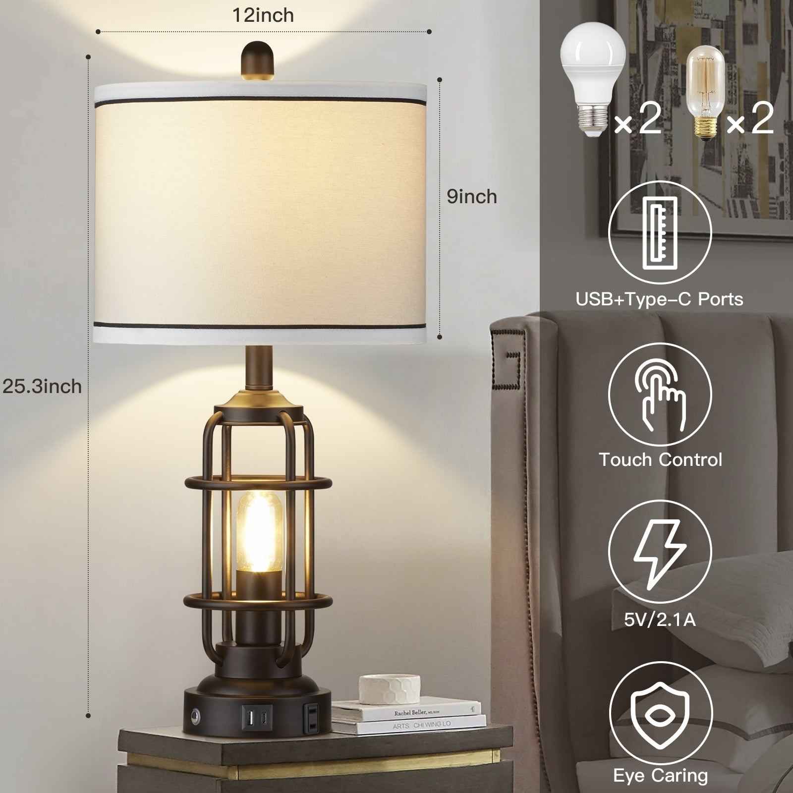 Lampe de table en métal noir, veilleuse 2 en 1, abat-jour tambour démontable, interrupteur rotatif indépendant et variateur tactile (lot de 2)