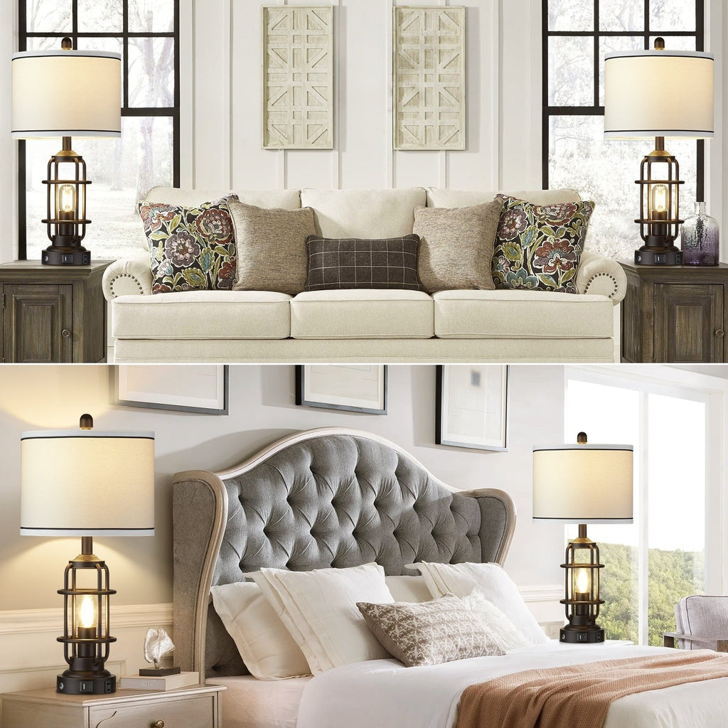 Lampe de table en métal noir, veilleuse 2 en 1, abat-jour tambour démontable, interrupteur rotatif indépendant et variateur tactile (lot de 2)