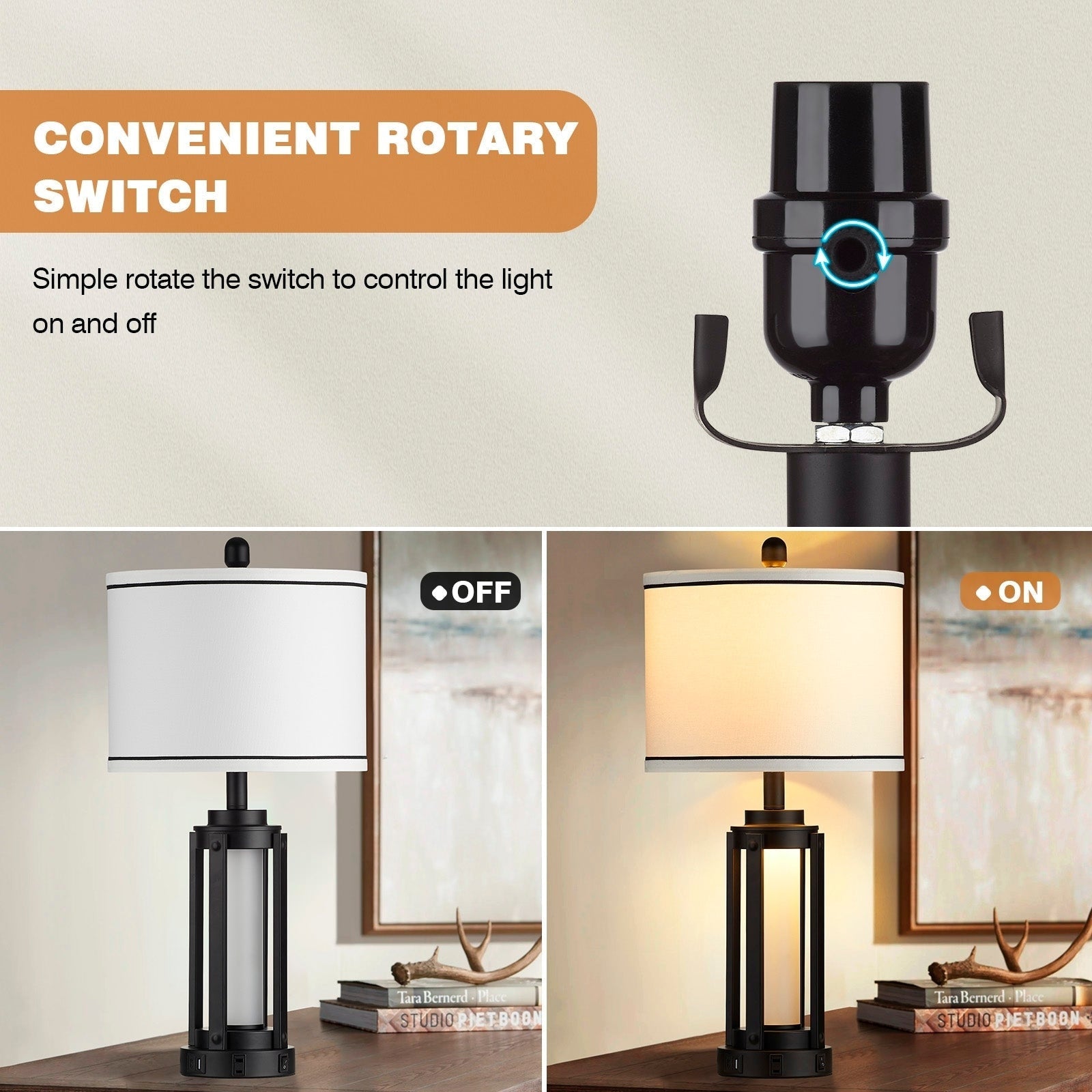 Lampe de table en métal noir, veilleuse 2 en 1, ports de charge USB et Type-C, prise secteur et abat-jour tambour démontable (lot de 2)