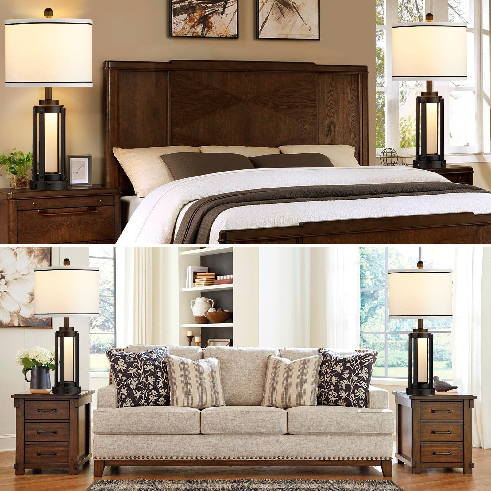 Lampe de table en métal noir, veilleuse 2 en 1, ports de charge USB et Type-C, prise secteur et abat-jour tambour démontable (lot de 2)