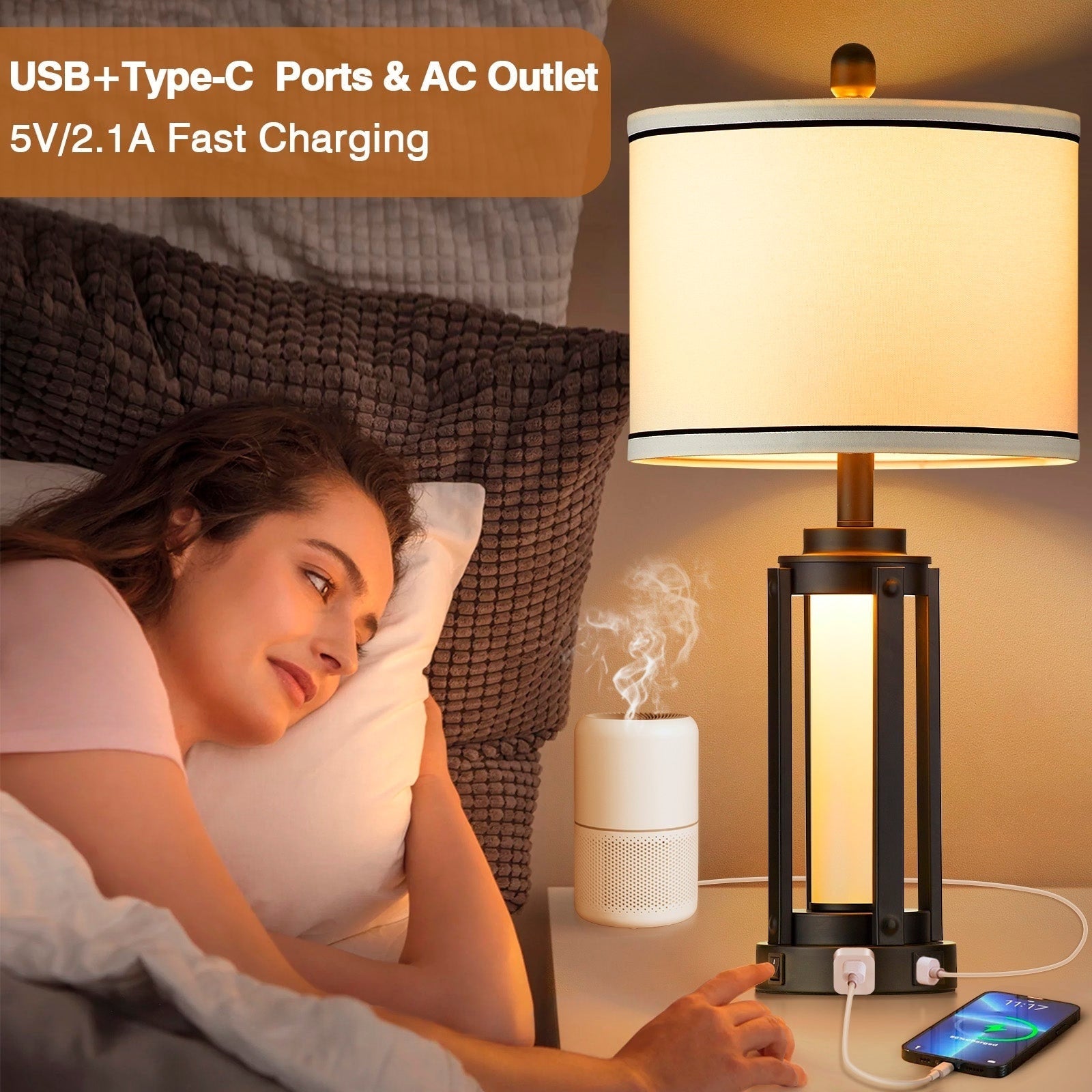 Lampe de table en métal noir, veilleuse 2 en 1, ports de charge USB et Type-C, prise secteur et abat-jour tambour démontable (lot de 2)
