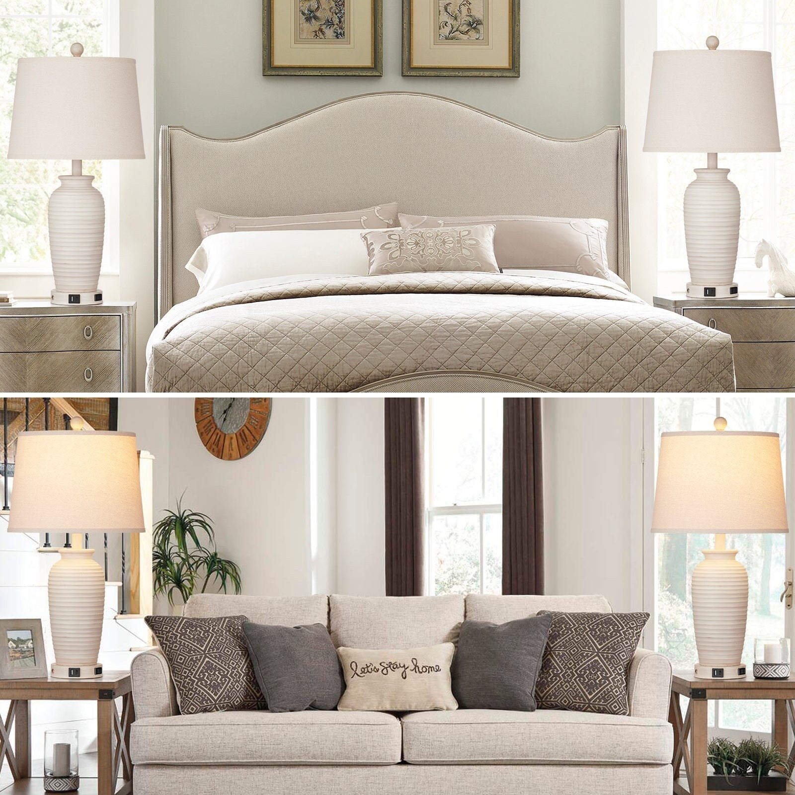 Lampes de table en résine beige, interrupteur tactile à intensité variable à 3 voies, ports de charge USB et Type-C, prise secteur (lot de 2)