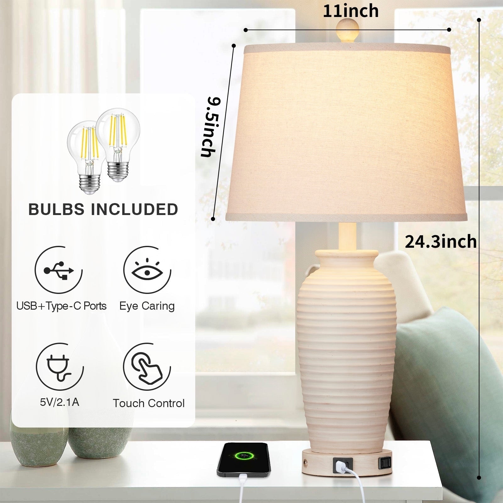Lampes de table en résine beige, interrupteur tactile à intensité variable à 3 voies, ports de charge USB et Type-C, prise secteur (lot de 2)