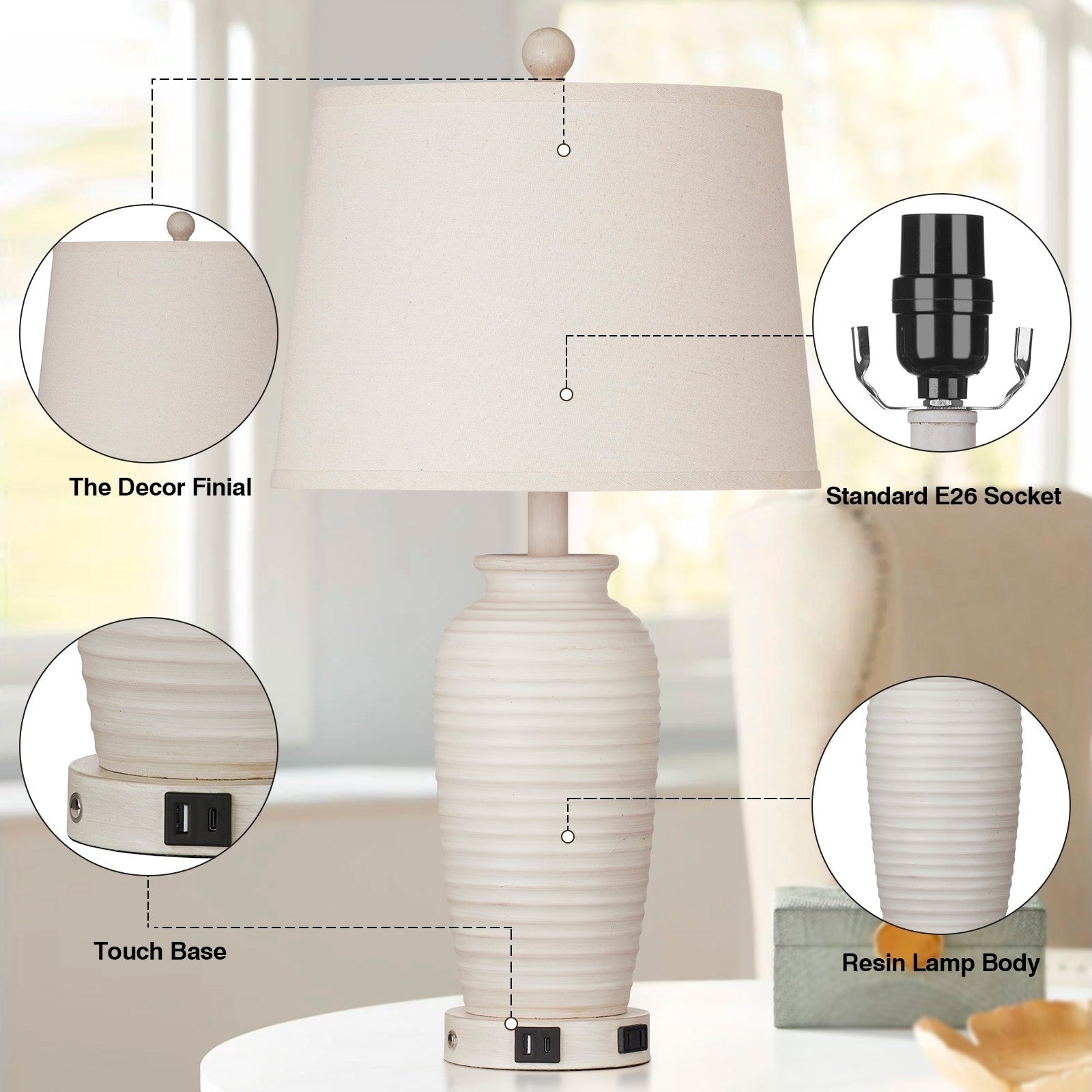 Lampes de table en résine beige, interrupteur tactile à intensité variable à 3 voies, ports de charge USB et Type-C, prise secteur (lot de 2)