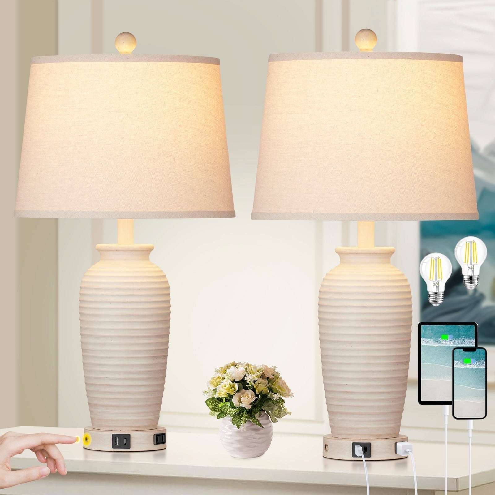 Lampes de table en résine beige, interrupteur tactile à intensité variable à 3 voies, ports de charge USB et Type-C, prise secteur (lot de 2)