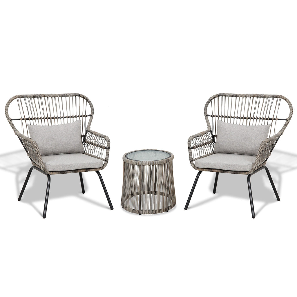 Ensemble de bistrot d'extérieur 3 pièces en osier, mobilier de jardin en rotin toutes saisons, chaises de patio avec coussins