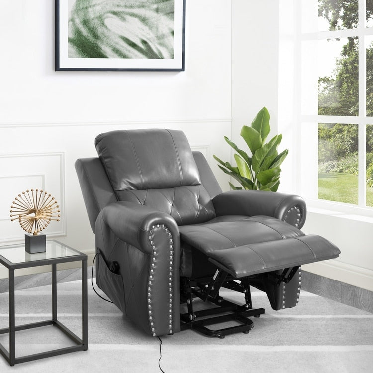 Fauteuil inclinable électrique clouté en cuir Air Premium avec repose-pieds et télécommande