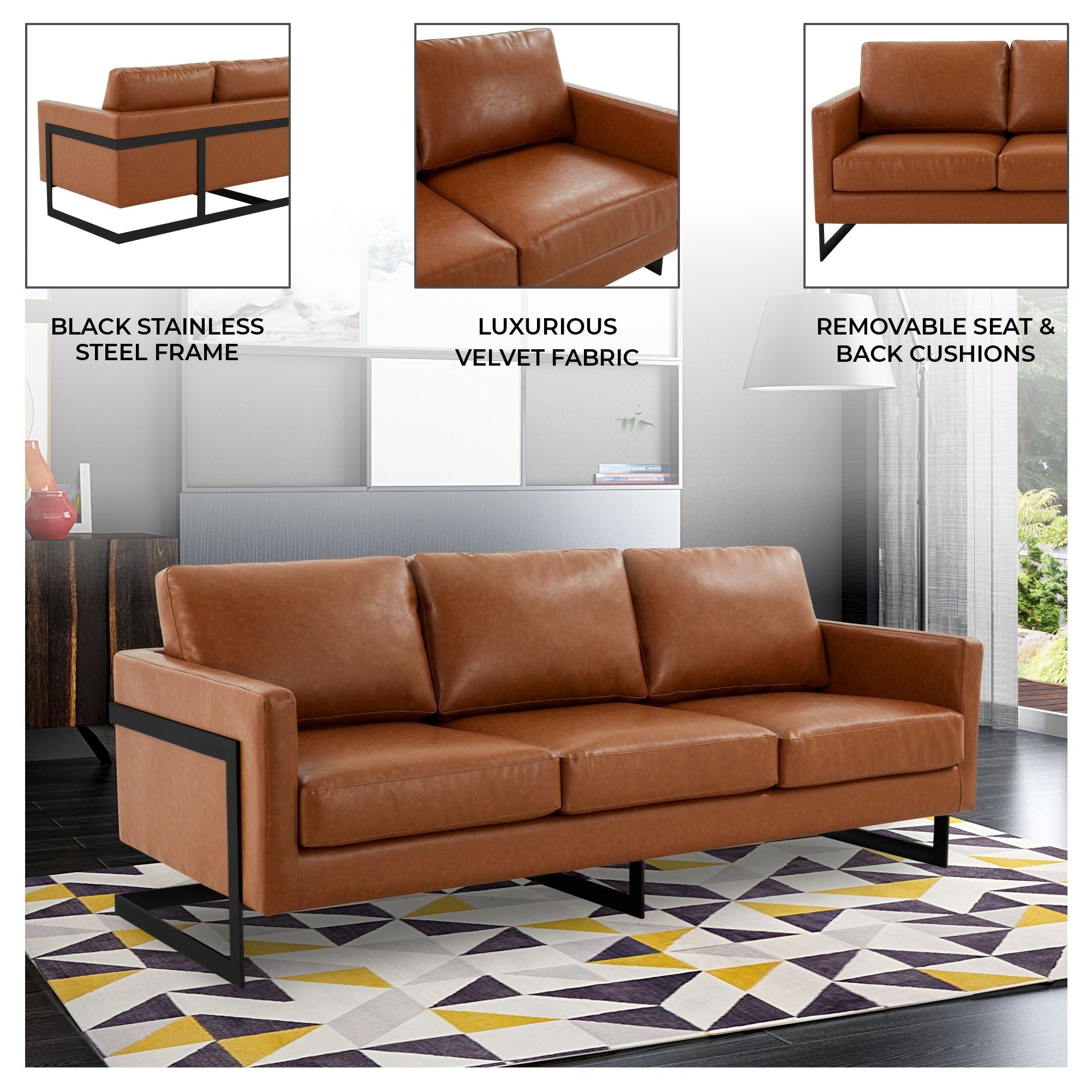 Canapé 3 places minimaliste en cuir rembourré avec coussins amovibles en acier inoxydable pour salon et chambre à coucher