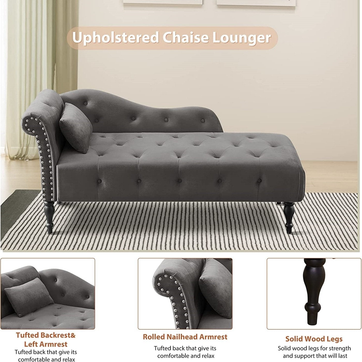 Chaise longue en velours 61 avec 1 oreiller et garniture cloutée