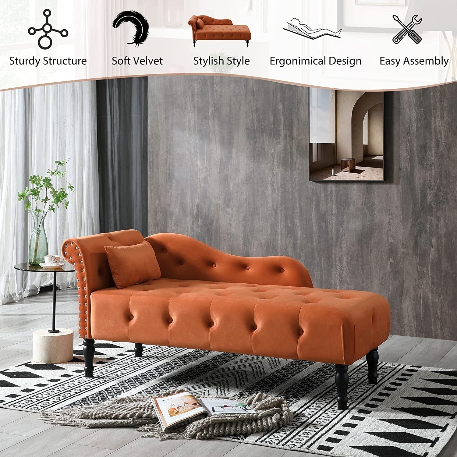 Chaise longue en velours 61 avec 1 oreiller et garniture cloutée