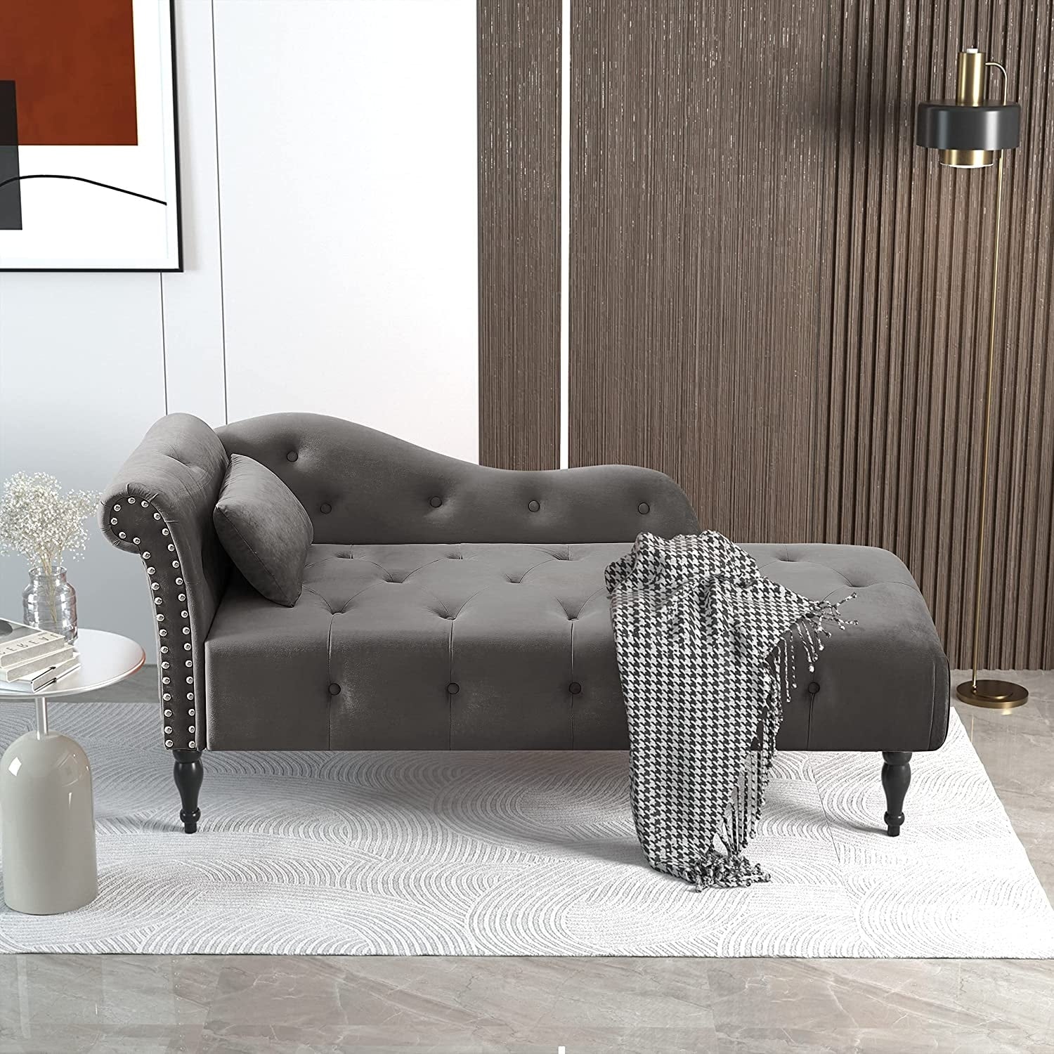 Chaise longue en velours 61 avec 1 oreiller et garniture cloutée