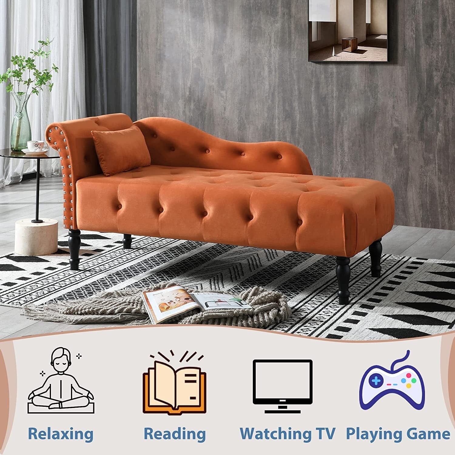 Chaise longue en velours 61 avec 1 oreiller et garniture cloutée