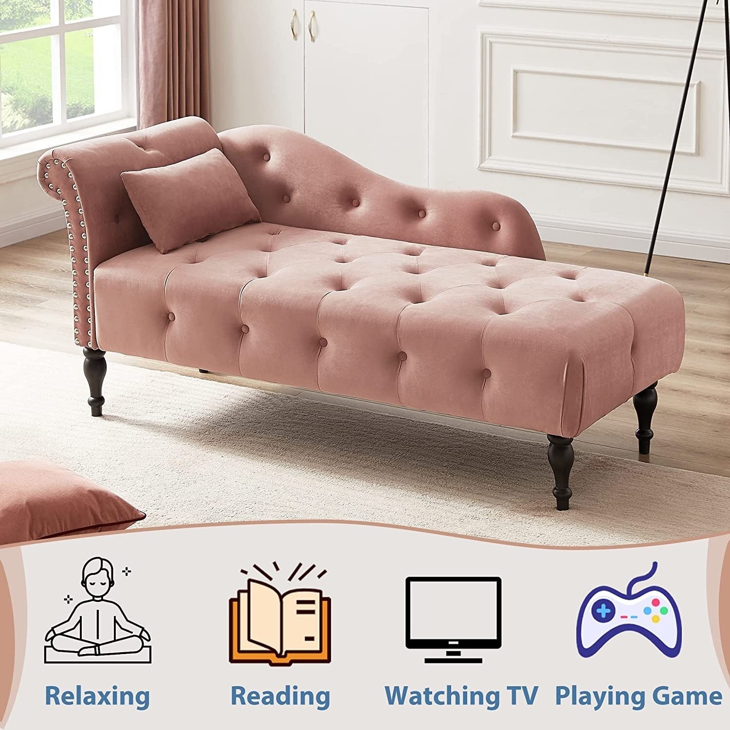 Chaise longue en velours 61 avec 1 oreiller et garniture cloutée