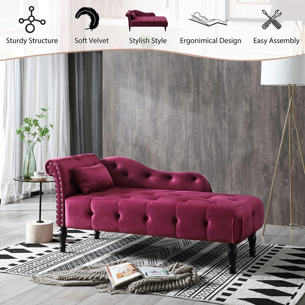 Chaise longue en velours 61 avec 1 oreiller et garniture cloutée