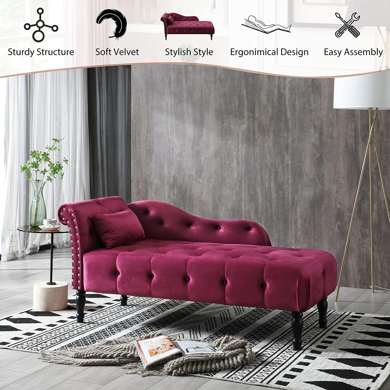 Chaise longue en velours 61 avec 1 oreiller et garniture cloutée