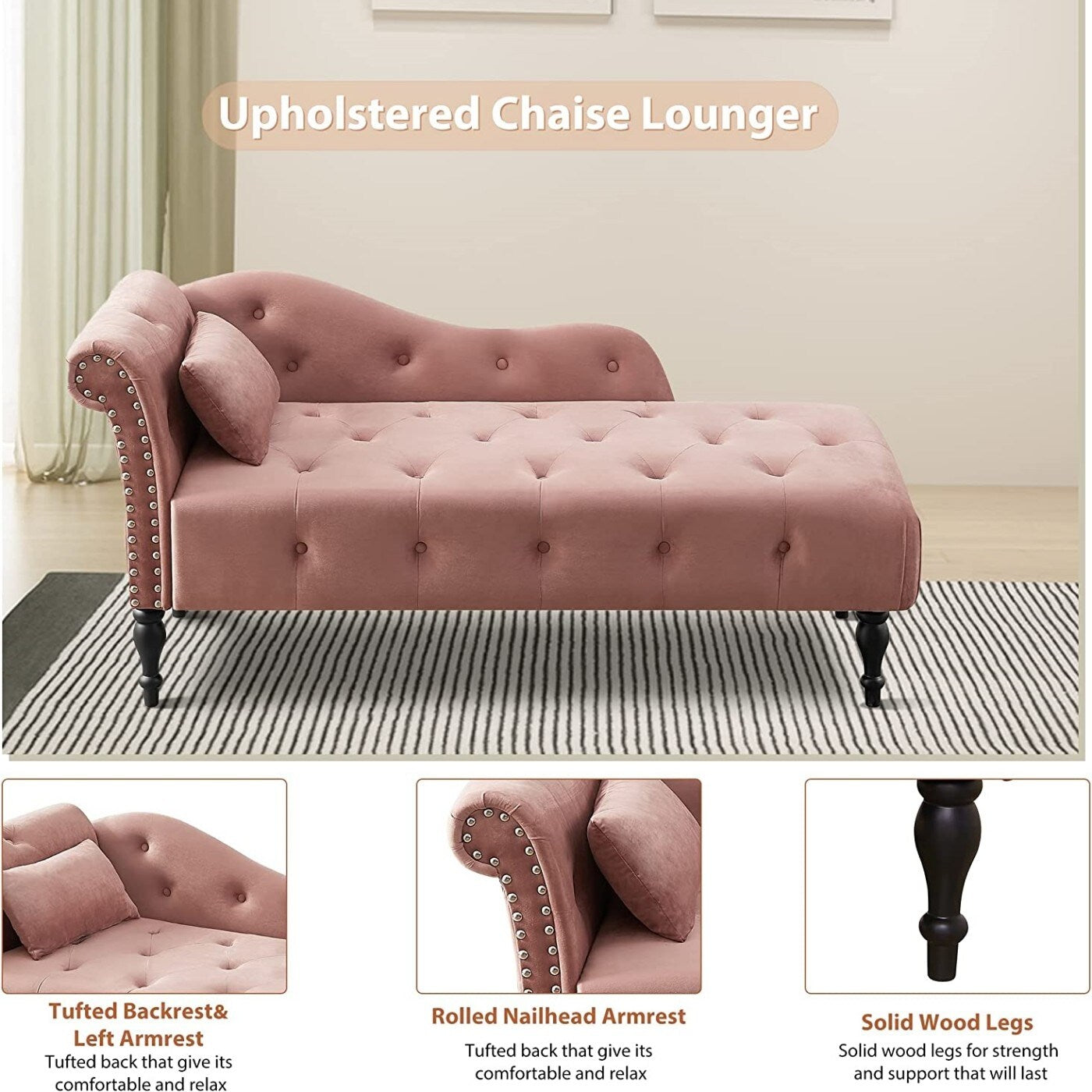 Chaise longue en velours 61 avec 1 oreiller et garniture cloutée